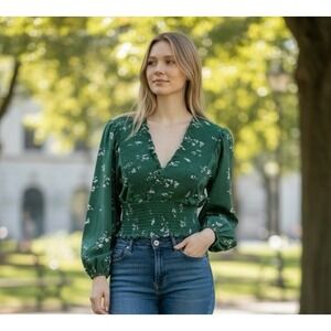 Abercrombie and Fitch Women's S Balloon Sleeve Smocked Blouse Green Floral